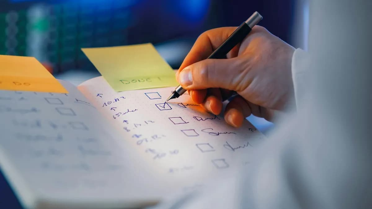 Close-up of a hand writing in a notebook with checkboxes, highlighting productivity and organization.